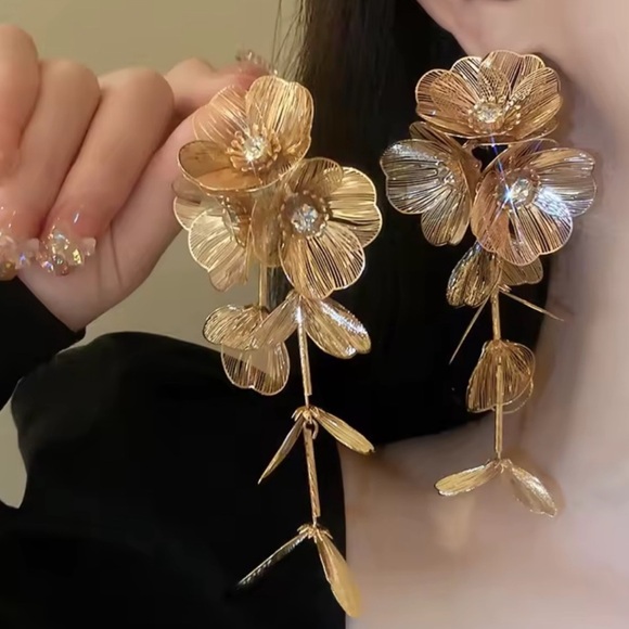 Anthropologie Gold Floral Statement Earrings